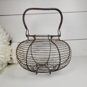 Antique French Egg Wire Basket w/ Fixed Coil Handle Round Wired Gathering Basket